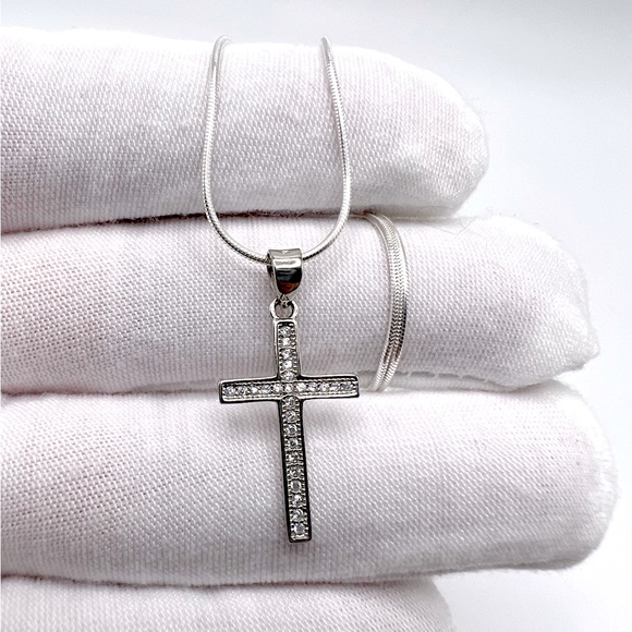 .925 Sterling Silver Pave Cz Cross Necklace - Picture 7 of 14
